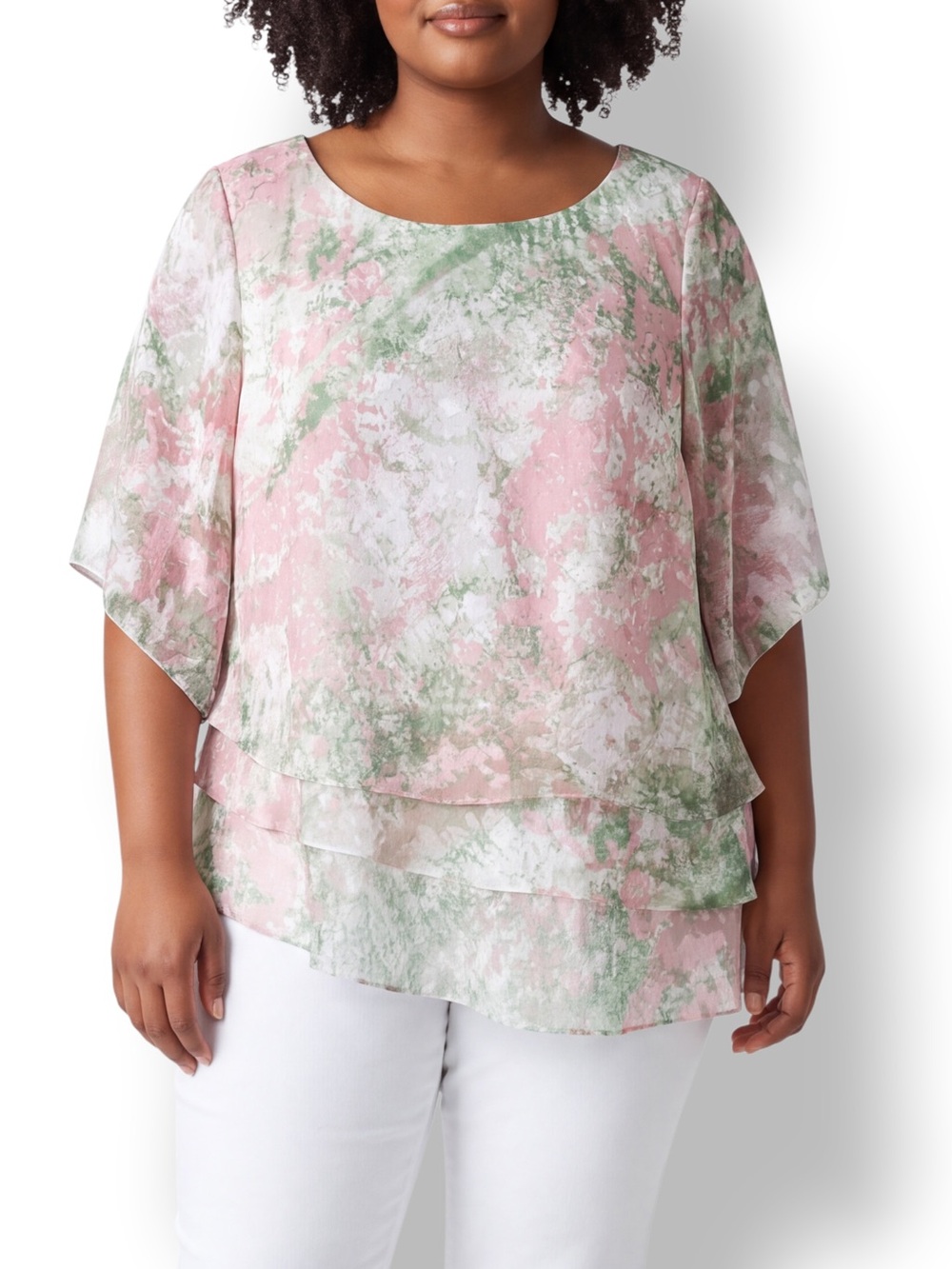 4/$20 Alex Evenings Pink Green Shimmer Asymmetric Tiered Blouse 1X